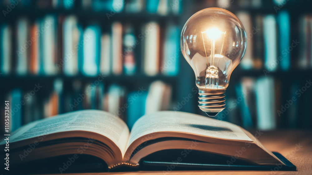 Poster illuminated light bulb hovering above an open book in a library, symbolizing knowledge, creativity, 