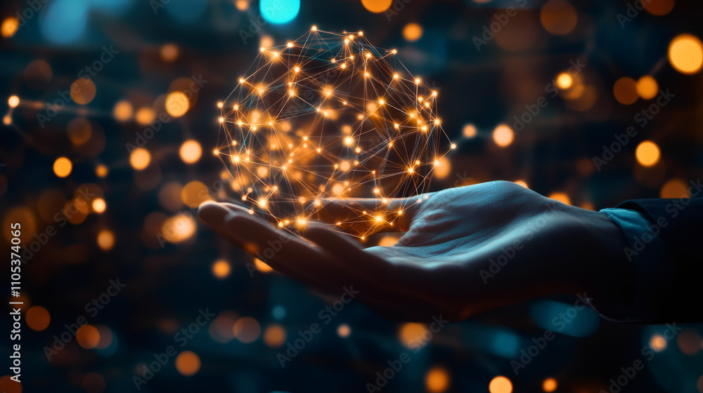 Aufkleber glowing polygonal sphere held in open hand, representing global connectivity, technology, and innova
