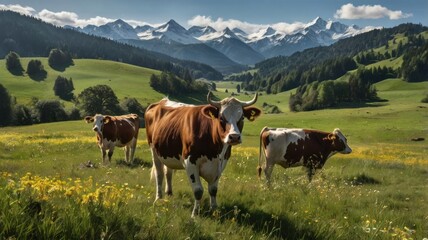 Cows graze idyllic alpine meadow, majestic mountains backdrop.
