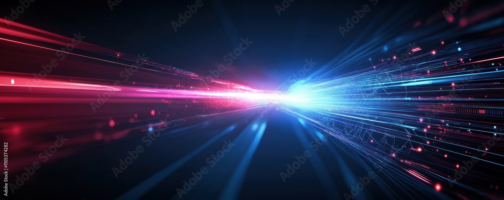Poster futuristic tech background shows vibrant light effects. fast-moving lines, glowing particles create 