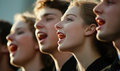 Fototapeta premium Diverse group of young singers passionately performing in harmony outdoors.