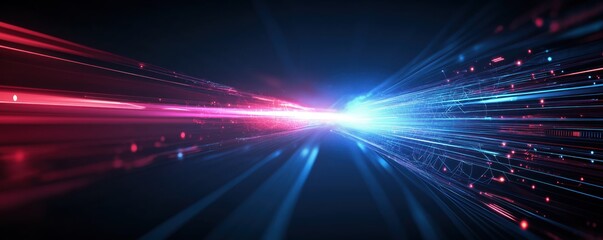 Obraz premium Futuristic tech background shows vibrant light effects. Fast-moving lines, glowing particles create dynamic scene. Abstract lines suggest high-speed data transfer complex system. Modern, cyberpunk