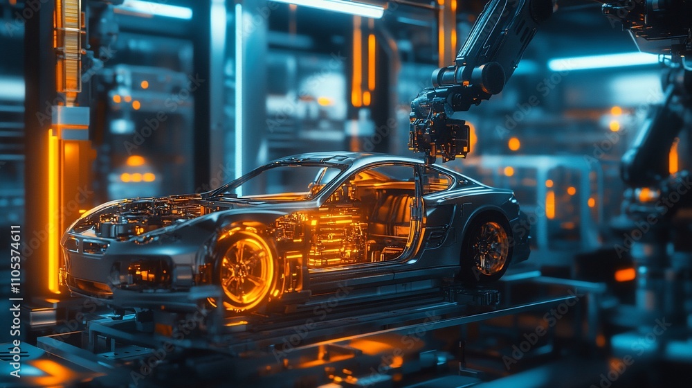Poster robotic arm assembling car parts on assembly line.