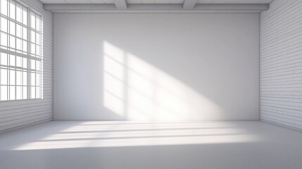 Empty white room with big windows. Sunlight casts shadows on floor. Modern interior design mockup. Suitable for product placement. Blank space for presentation. Empty room design. Versatile studio