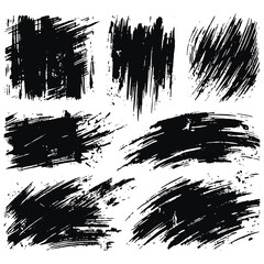 Vector collection of black paint grunge textured brushstrokes on a white background. Set of grungy hand drawn brush strokes with doodle dash lines, hatches. Isolated modern patterns illustrations.