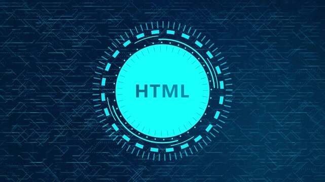 Futuristic HTML Concept Over Rotating HUD Elements and Animated Circuit Background