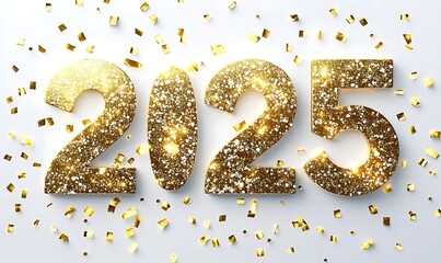 
Happy new year 2025 illustration, With glittering numbers and gold glitter sprinkles on white background, Generative Ai
