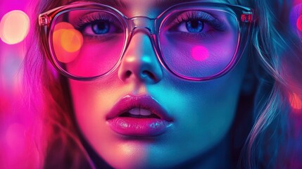 Close-up portrait of a young woman with glasses, illuminated by vibrant neon lights.