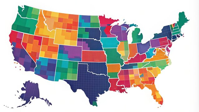 Colorful United States Map Divided into States and Regions with a Pixelated Design