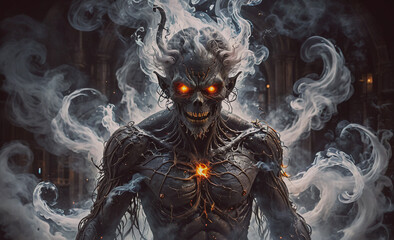 Monster with red eyes and a glowing heart. The monster is surrounded by smoke. The monster is in the center of the image