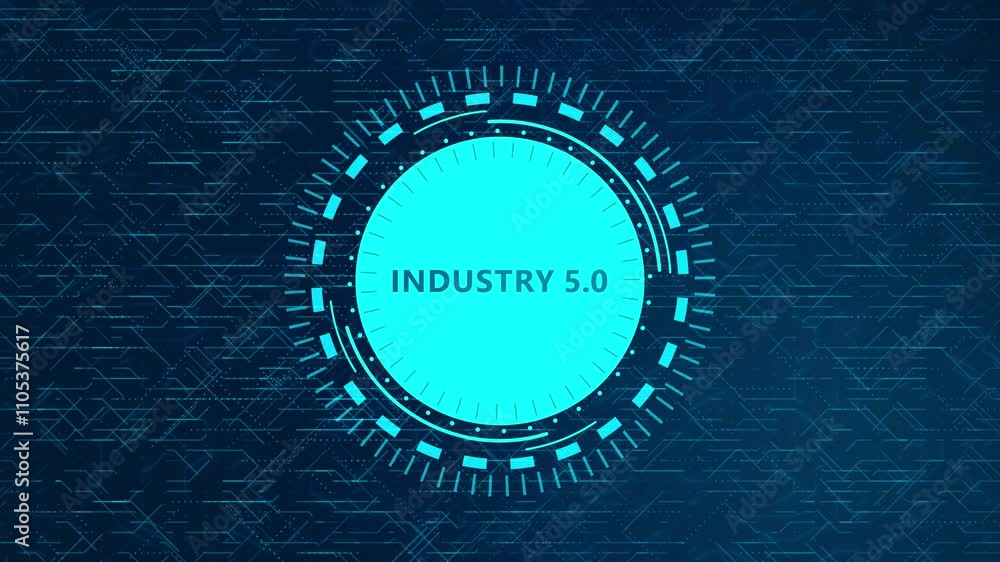 Poster futuristic industry 5.0 concept with rotating hud elements and circuitry design