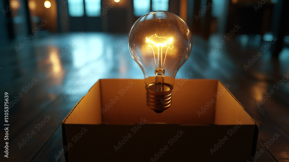 Poster lit light bulb hovering over open cardboard box in empty room with wooden floor, concept of innovati