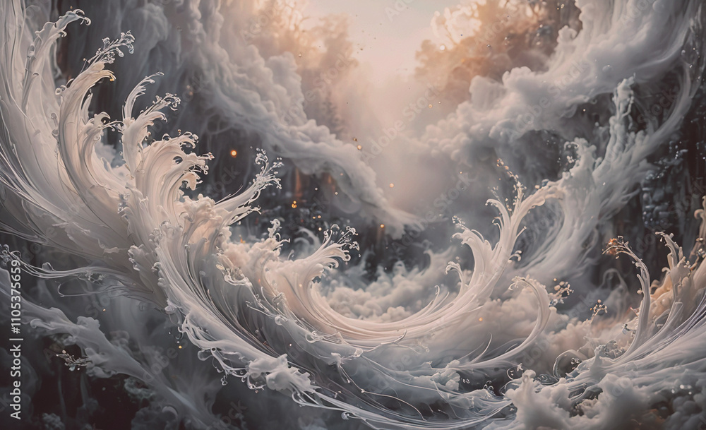 Poster large white wave with a lot of white spray coming out of it. the spray is coming out of the wave in 