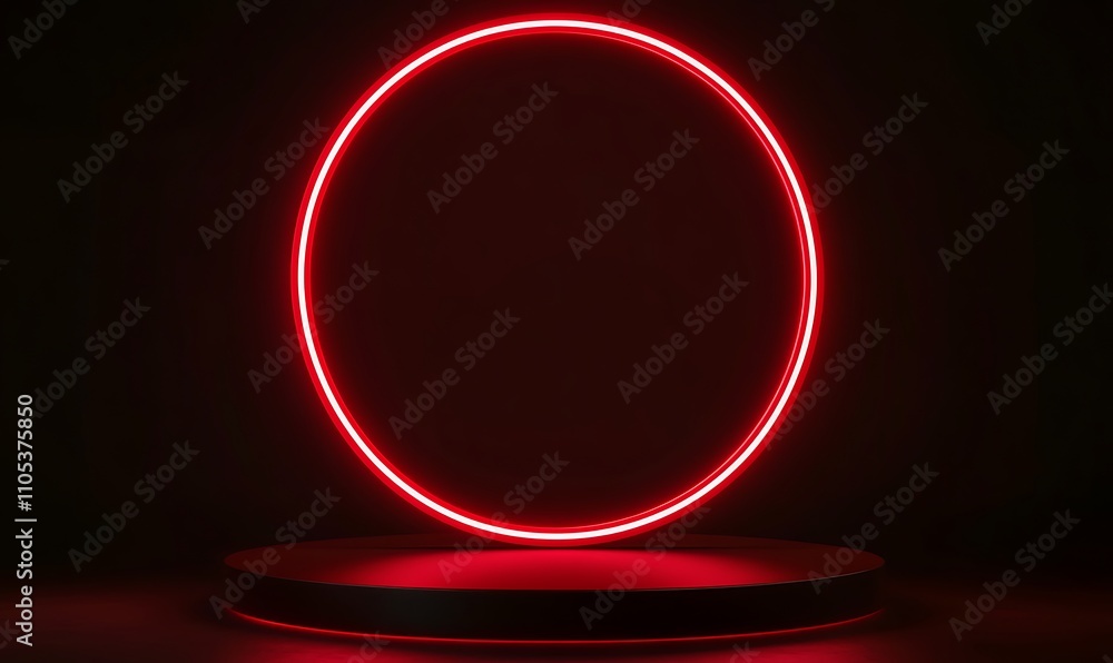 Poster a circular red neon podium with a halo effect, set against a dark, illuminated backdrop with minimal