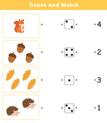 Learning numbers worksheets for preschool and kindergarten. Counting educational children game. Math kids activity sheet. How many counting game with cute autumn illustration.