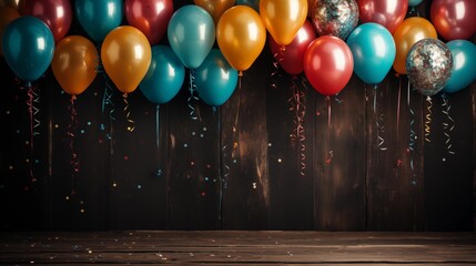 A fun and festive scene with colorful party balloons, streamers, and confetti on rustic wooden planks, perfect for celebrations.