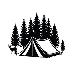 a black and white illustration of a tent set up in a forest. and a deer and a tiger standing in her two side,