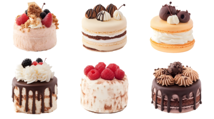 Set of delicious macaroons cakes isolated on white, cut out.