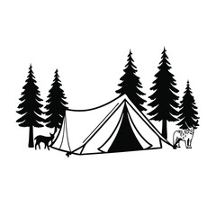 a black and white illustration of a tent set up in a forest. and a deer and a tiger standing in her two side,