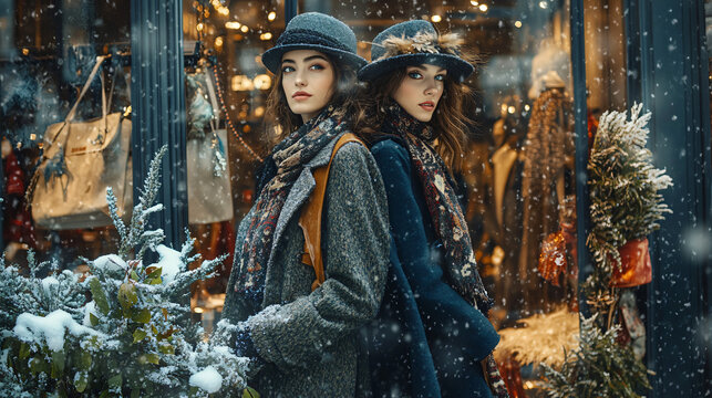 A winter fashion photoshoot with models wearing stylish coats, scarves, and hats, posing in front of a beautifully decorated retail store with snow gently falling outside.