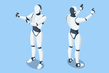 Isometric robot with artificial intelligence operates within a virtual interface in a cybernetic environment, managing global business processes through machine learning. Robot cybernetic organism