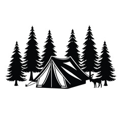 a black and white illustration of a tent set up in a forest. and a deer and a tiger standing in her two side,