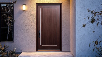 A contemporary door with rich mahogany, sidelite, and light grey stucco for a modern look.