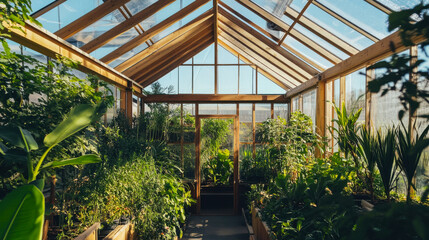 A sunlit greenhouse filled with vibrant plants showcasing lush greenery in an urban setting during daytime