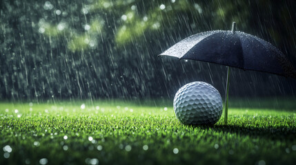 Golf ball sheltered under an umbrella in the rain, symbolizing safety and security on the golf course