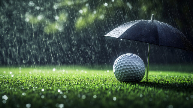 Golf ball sheltered under an umbrella in the rain, symbolizing safety and security on the golf course
