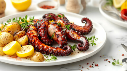 Grilled Octopus with Smoked Paprika and Lemon, Mediterranean Seafood Photography