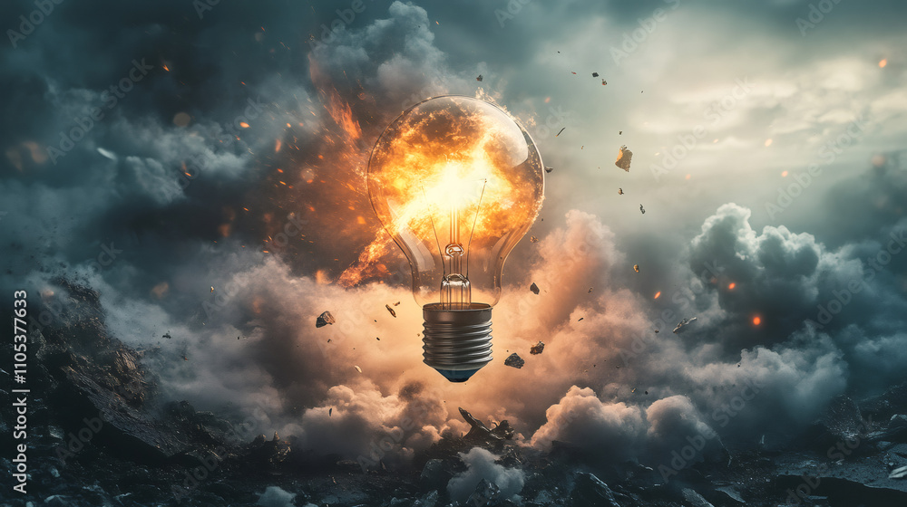 Poster exploding light bulb creating fire and smoke in dramatic cloudy sky, symbolizing burnout, energy cri