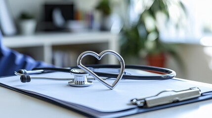 Stethoscope Shaped Like a Heart with Clipboard on Medical Uniform