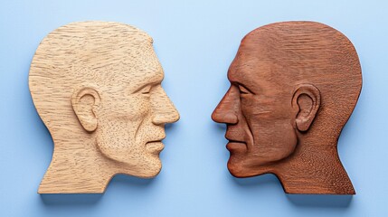 Two wooden sculptures of human heads, representing diversity and artistic craftsmanship, set against a light blue background.