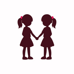 a vector silhouette of two young girls holding hands