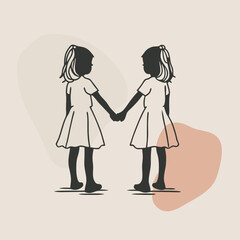 a vector silhouette of two young girls holding hands