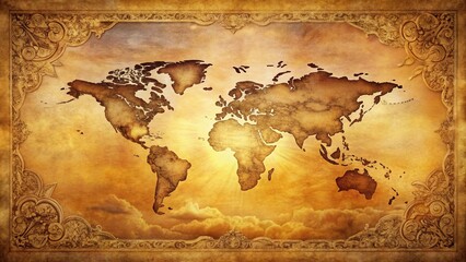Antique World Map with Ornate Frame, Golden Hues and Sunburst Effect