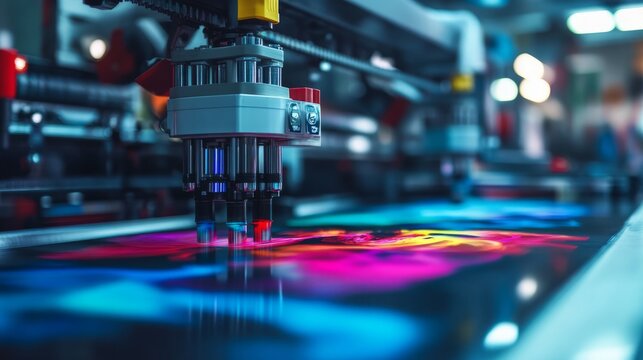 Close-up of a DTF printing machine transferring vibrant designs onto colorful t-shirts in a factory setting, with visible ink cartridges and film rolls