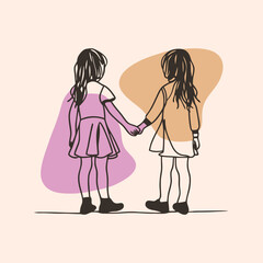 a vector silhouette of two young girls holding hands