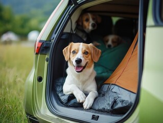 Dogs relax in car trunk with tent. Pets enjoy vacation trip. Happy, ready for outdoor adventure. Car trunk open, dogs inside. Trip scenic with outdoorsy vibes. Dogs enjoying vacation.