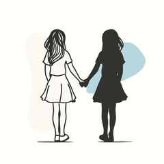 a vector silhouette of two young girls holding hands