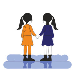 a vector silhouette of two young girls holding hands