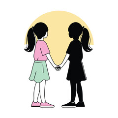 a vector silhouette of two young girls holding hands