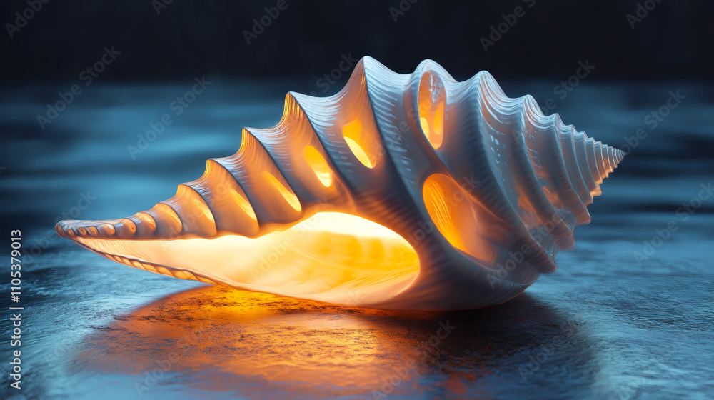 Poster Large white seashell emitting warm orange light, creating a magical and mysterious atmosphere on a dark background