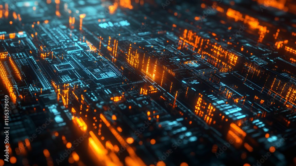 Poster Advanced electronic circuit board emitting data with illuminated orange and blue lights, symbolizing technological progress and digital information transfer