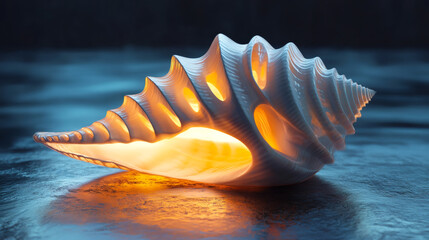 Large white seashell emitting warm orange light, creating a magical and mysterious atmosphere on a dark background