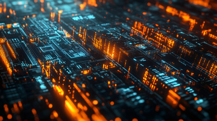 Obraz premium Advanced electronic circuit board emitting data with illuminated orange and blue lights, symbolizing technological progress and digital information transfer