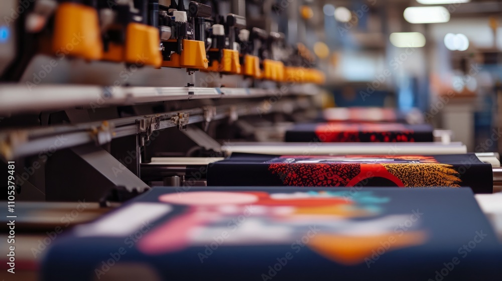 Poster side view of a modern dtf printer in a factory, printing unique and colorful patterns on t-shirts fo
