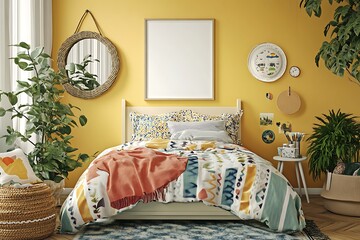 Cozy bedroom interior design with yellow walls and plants