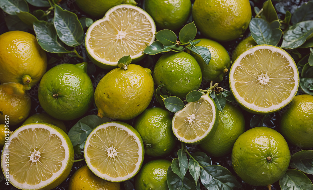 Poster bunch of green limes with some of them cut open. the limes are on top of some leaves